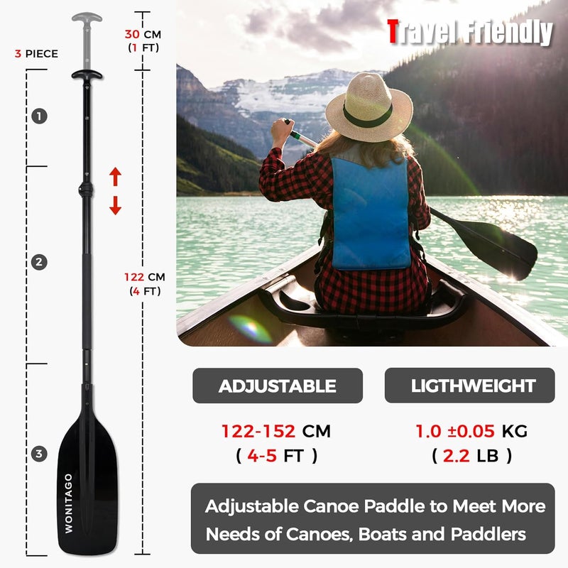 WONITAGO Canoe Paddles Aluminum Paddle with Plastic Blades Floating Adjustable Canoeing and Boating Oars, 122-152 cm/4-5 Ft, Black/Yellow - Image 2